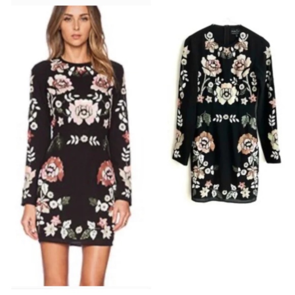 Needle & Thread Floral Embellished Beaded Long Sleeve Black Dress | 2 - Picture 13 of 14